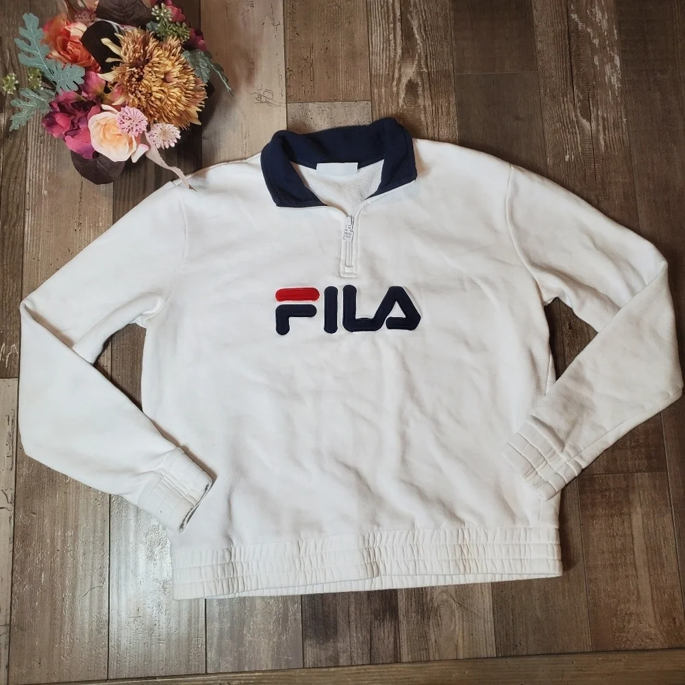 Fila Women's 1/4 Zip Pullover Sweatshirt Size XL White Blue Red EUC - Picture 3 of 16